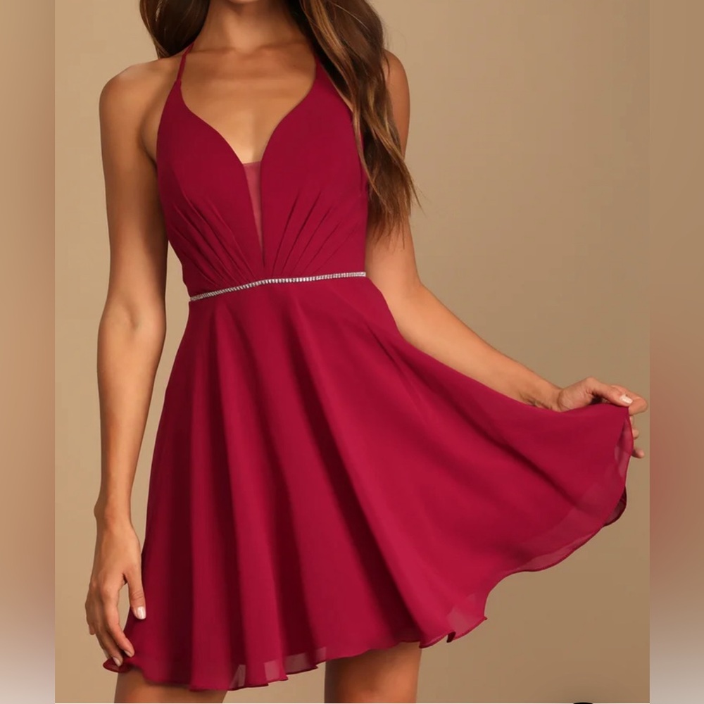 Bling Queen Burgundy Lace-Up Rhinestone Skater Dress - Burgandy